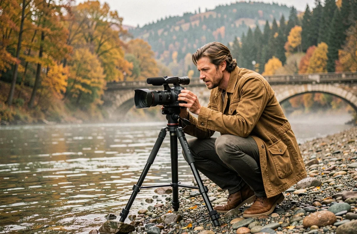 Vidéaste Sylvain B filmant en bord de rivière en Isère avec un pont en pierre historique et des arbres aux couleurs d'automne en arrière-plan
