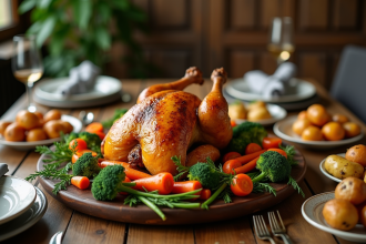 Table rustique avec poulet rôti et légumes frais