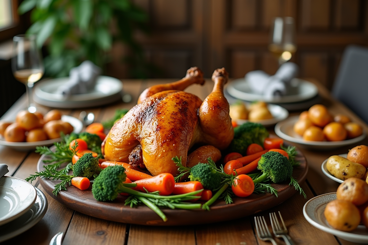 Table rustique avec poulet rôti et légumes frais