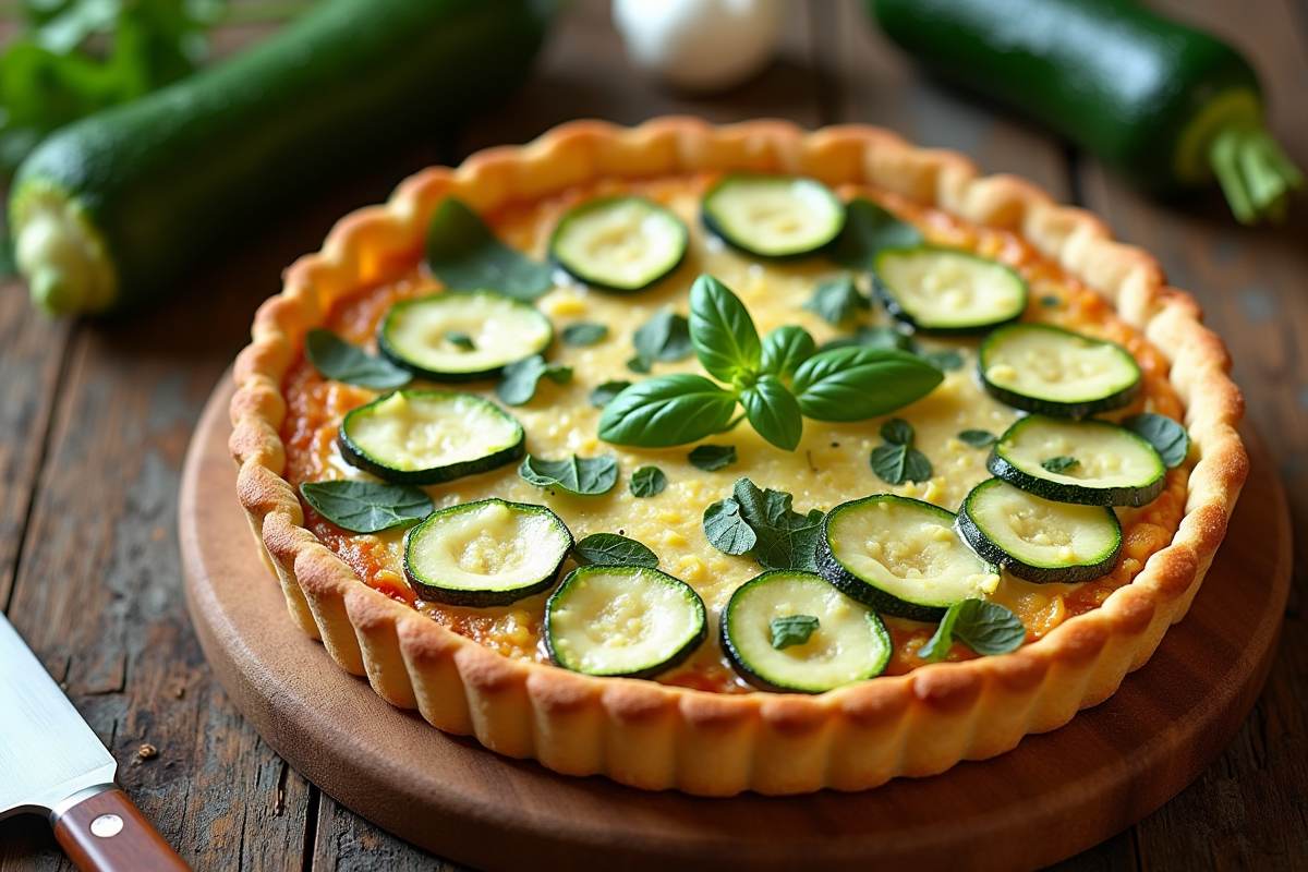 Tarte courgette et chèvre fraîchement cuite sur une table en bois