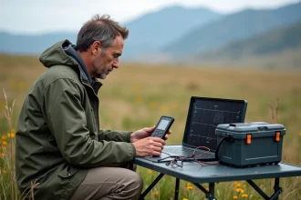 Homme d'âge moyen vérifiant un moniteur de batterie solaire en plein air