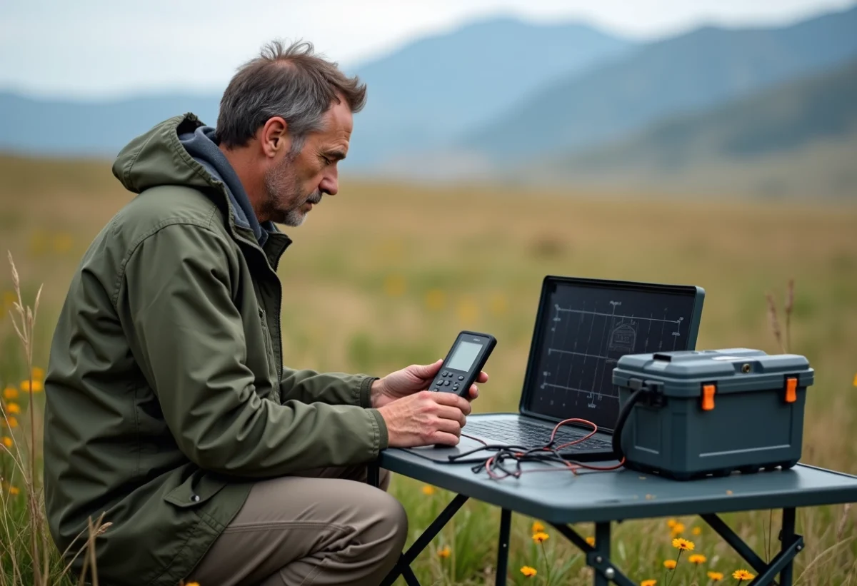 Homme d'âge moyen vérifiant un moniteur de batterie solaire en plein air