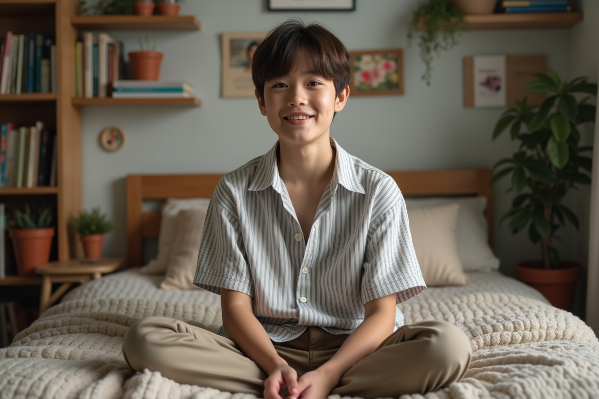 Adolescent nonbinaire assis sur un lit dans une chambre chaleureuse