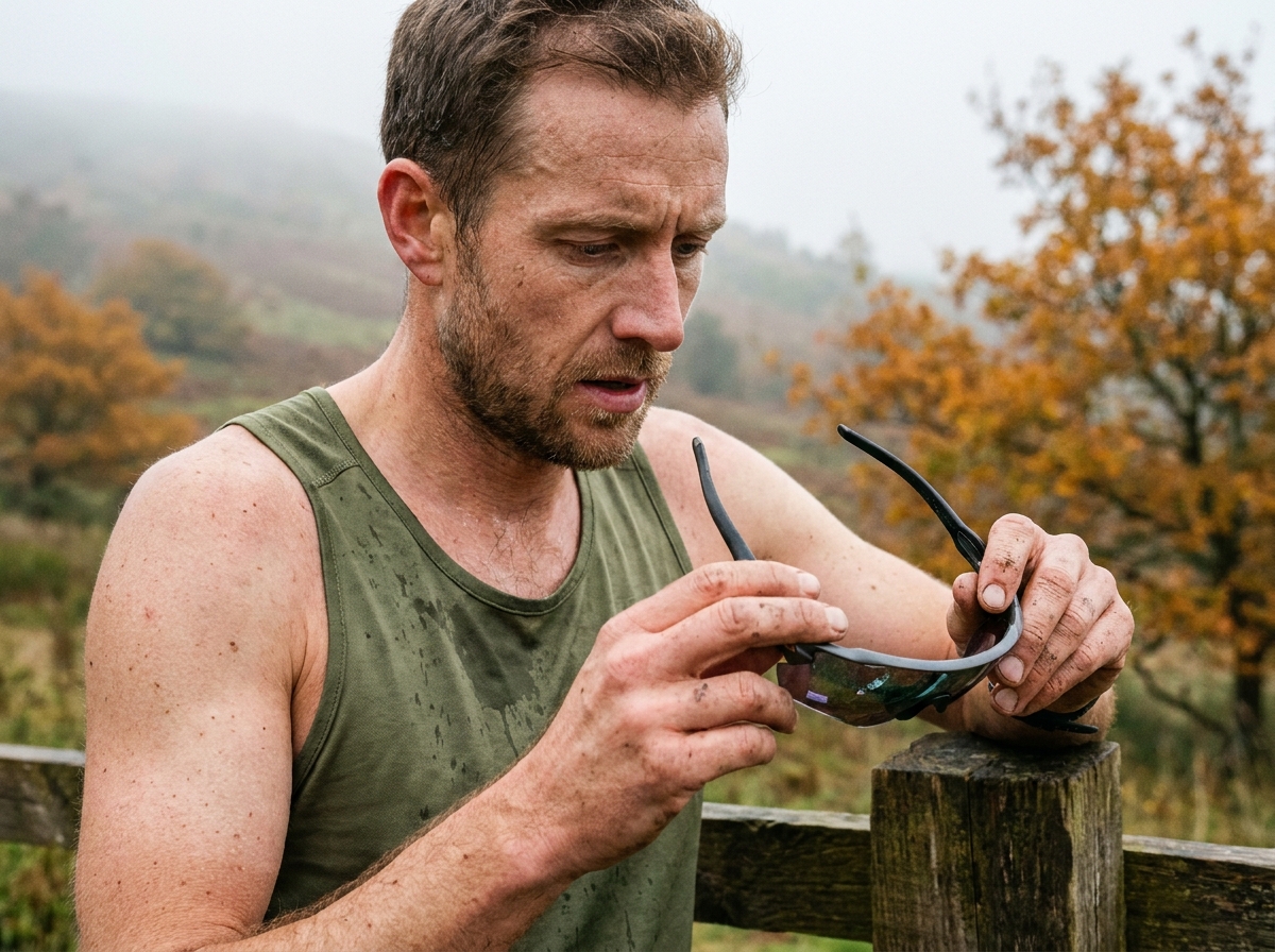 Triathlète inspectant ses lunettes de sport après une sortie trail en milieu rural automnal avec paysage brumeux