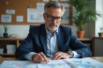 Urbaniste en costume analysant des plans en bureau