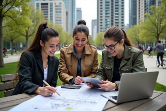 Groupe d urbanistes discutant de projets urbains dans un parc