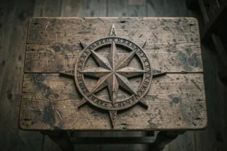 Symbole vegvísir viking sculpté dans le bois avec runes islandaises, vue de dessus sur table en chêne ancien