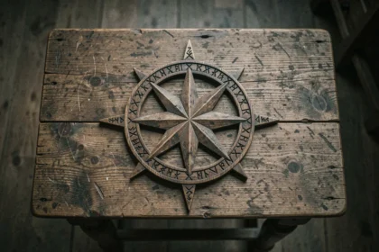Symbole vegvísir viking sculpté dans le bois avec runes islandaises, vue de dessus sur table en chêne ancien
