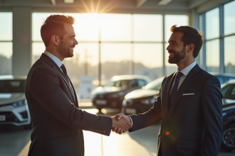Vendeur de voitures souriant serrant la main d'un client heureux