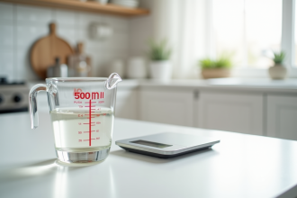 Verre mesureur rempli à 500 ml sur plan de travail lumineux