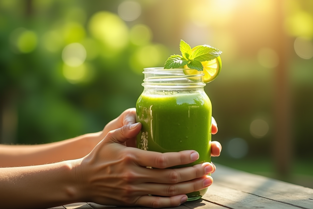 Mains tenant un verre de smoothie vert avec menthe et citron vert