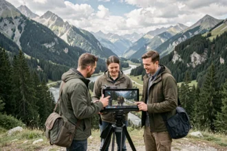 Équipe de vidéastes professionnels en Isère, travaillant en extérieur avec les Alpes en arrière-plan