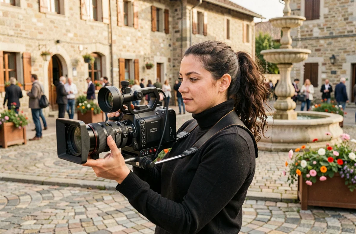 Vidéaste de Videodreams filmant un événement en extérieur dans une place de village en pierre en Isère