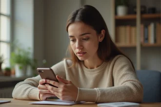 Jeune femme consultant des stories Instagram anonymement sur son smartphone depuis son bureau à domicile