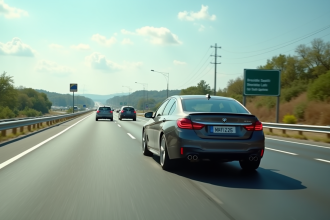Voiture lente sur l'autoroute en journée en trafic fluide
