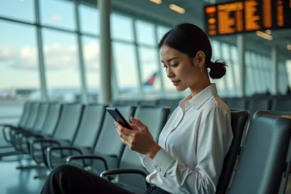Voyageuse consultant l'heure de Sydney sur son smartphone dans un aéroport international avec tableau des départs en arrière-plan