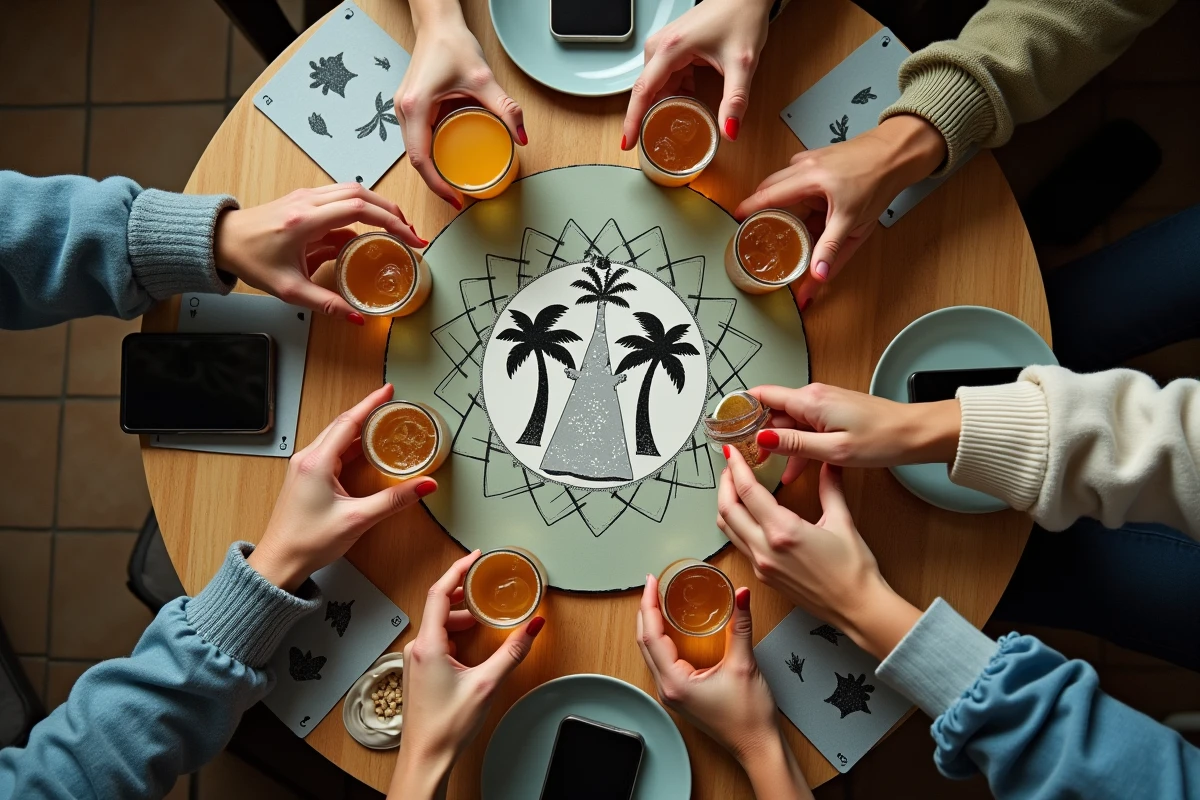 Vue aérienne d'une table avec des cartes disposées en palmier et des verres lors d'un jeu d'alcool entre amis