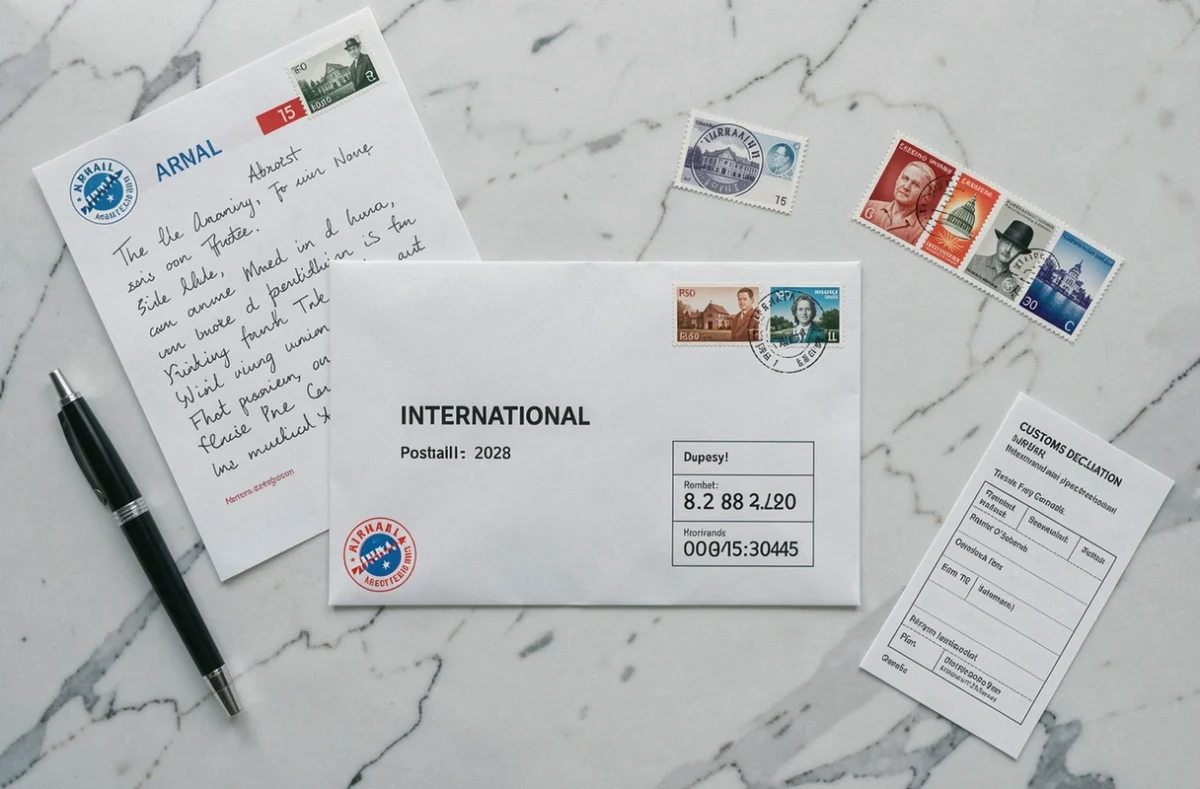 Vue du dessus d'une enveloppe internationale avec adresse, timbres et mentions postales sur fond de marbre blanc
