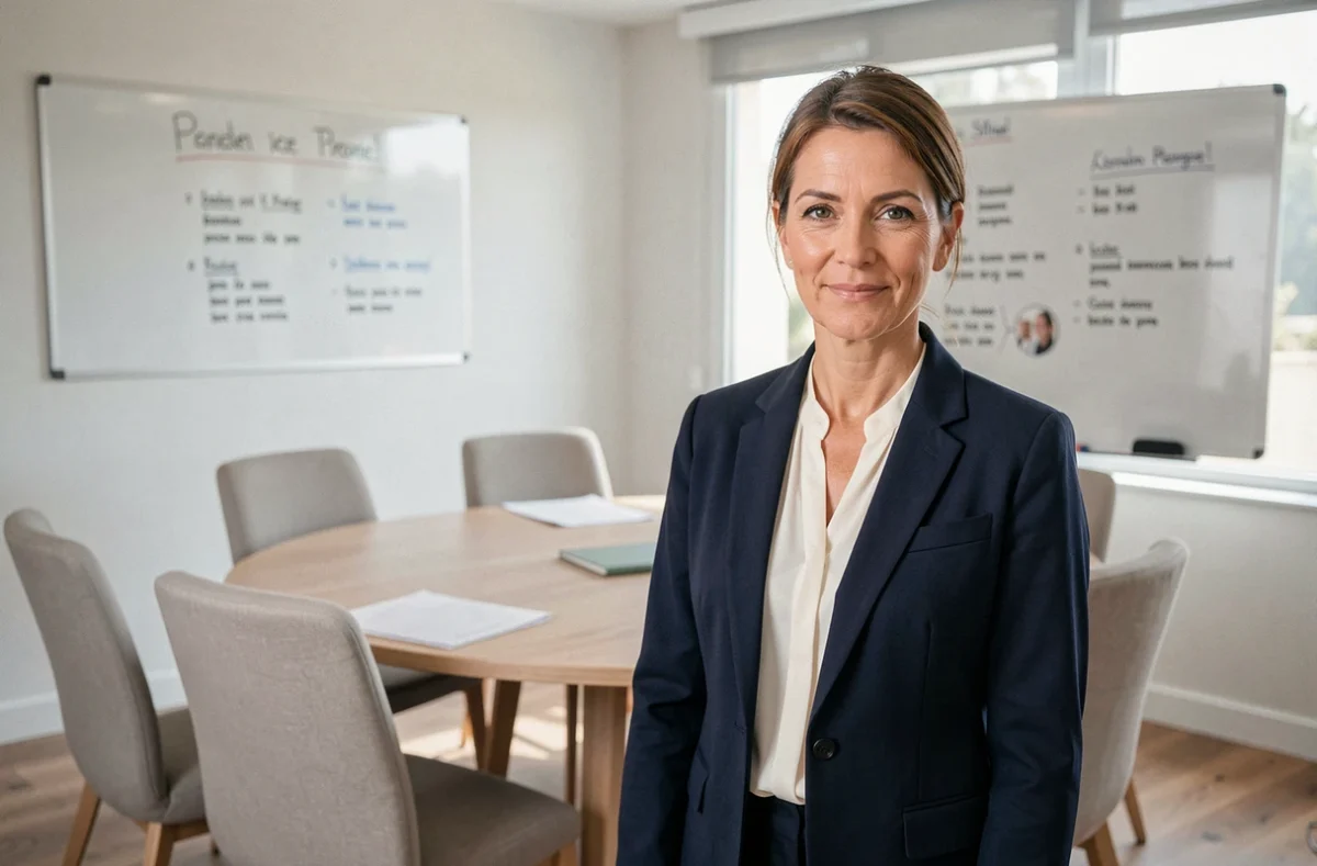 Avocate médiatrice Zia Oloumi dans une salle de médiation moderne à Nice